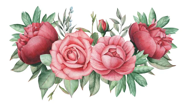 Çiçekler ve yapraklar, beyaz arka plan üzerinde izole suluboya büyüleyici kombinasyonu el boyalı