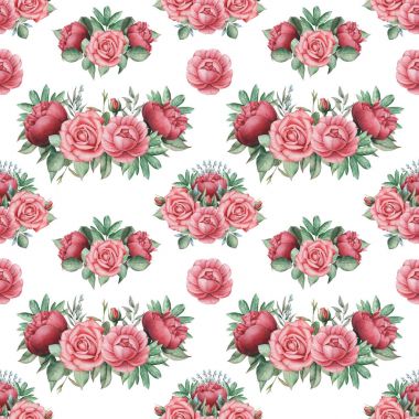 Çiçek ve yaprakları, beyaz arka plan üzerinde izole ile Seamless suluboya modeli