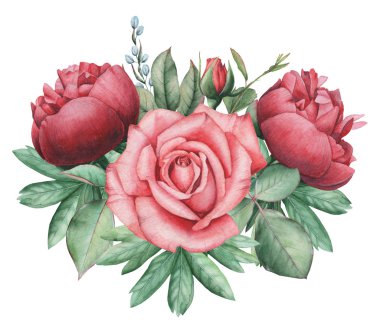 Çiçekler ve yapraklar, beyaz arka plan üzerinde izole suluboya büyüleyici kombinasyonu el boyalı