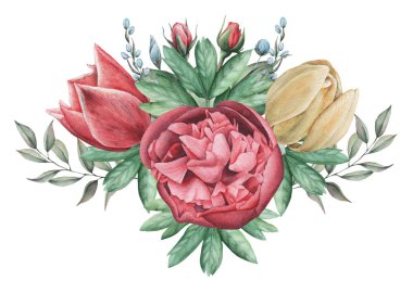 Çiçekler ve yapraklar, beyaz arka plan üzerinde izole suluboya büyüleyici kombinasyonu el boyalı