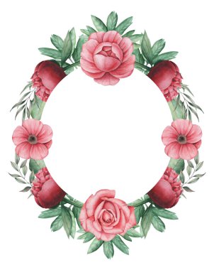 Çiçekler ve yapraklar, beyaz arka plan üzerinde izole suluboya büyüleyici kombinasyonu el boyalı