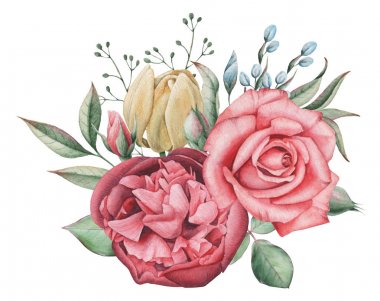 Çiçekler ve yapraklar, beyaz arka plan üzerinde izole suluboya büyüleyici kombinasyonu el boyalı