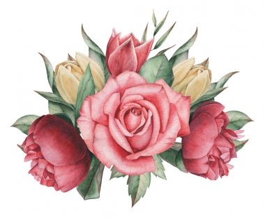 Çiçekler ve yapraklar, beyaz arka plan üzerinde izole suluboya büyüleyici kombinasyonu el boyalı