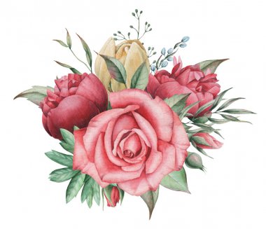 Çiçekler ve yapraklar, beyaz arka plan üzerinde izole suluboya büyüleyici kombinasyonu el boyalı