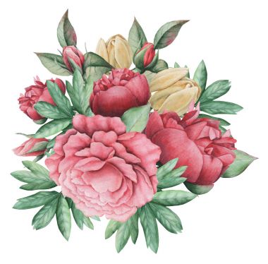 Çiçekler ve yapraklar, beyaz arka plan üzerinde izole suluboya büyüleyici kombinasyonu el boyalı