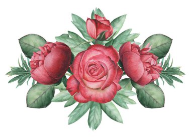 Çiçekler ve yapraklar, beyaz arka plan üzerinde izole suluboya büyüleyici kombinasyonu el boyalı