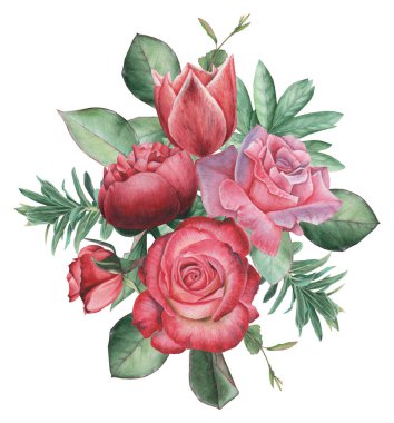 Çiçekler ve yapraklar, beyaz arka plan üzerinde izole suluboya büyüleyici kombinasyonu el boyalı