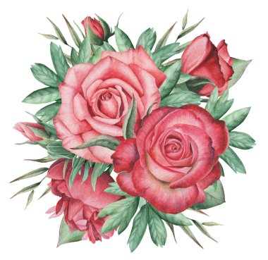 Çiçekler ve yapraklar, beyaz arka plan üzerinde izole suluboya büyüleyici kombinasyonu el boyalı