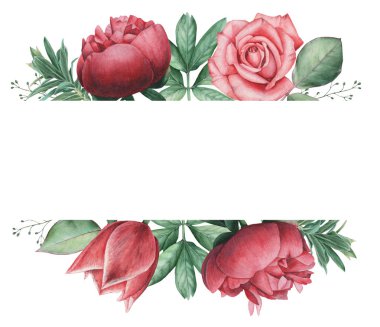 Çiçekler ve yapraklar, beyaz arka plan üzerinde izole suluboya büyüleyici kombinasyonu el boyalı, düğün, çerçeve, tırnak, desen, tebrik kartı, logo, Davetiyeler, yazı vb. için mükemmel