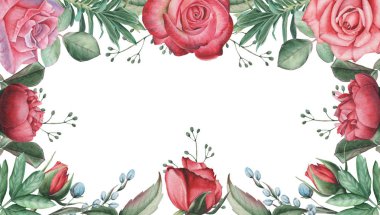 Çiçek ve yaprakları, beyaz arka plan üzerinde izole güzel suluboya çerçeve kenarlığı