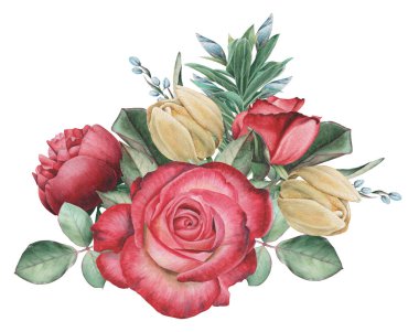 Çiçekler ve yapraklar, beyaz arka plan üzerinde izole suluboya büyüleyici kombinasyonu el boyalı