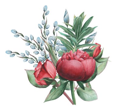 Çiçekler ve yapraklar, beyaz arka plan üzerinde izole suluboya büyüleyici kombinasyonu el boyalı