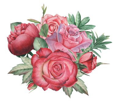 Çiçekler ve yapraklar, beyaz arka plan üzerinde izole suluboya büyüleyici kombinasyonu el boyalı