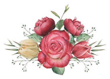 Çiçekler ve yapraklar, beyaz arka plan üzerinde izole suluboya büyüleyici kombinasyonu el boyalı