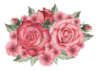 Çiçekler ve yapraklar, beyaz arka plan üzerinde izole suluboya büyüleyici kombinasyonu el boyalı