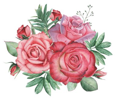 Çiçekler ve yapraklar, beyaz arka plan üzerinde izole suluboya büyüleyici kombinasyonu el boyalı