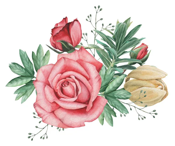 Ręcznie malowane akwarela połączenie uroczych kwiatów i liści na białym tle — Zdjęcie stockowe