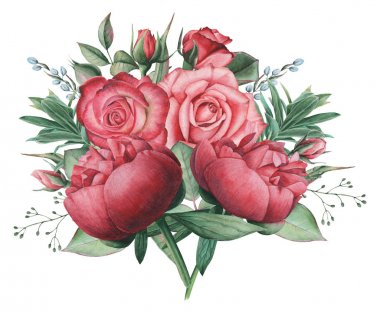 Çiçekler ve yapraklar, beyaz arka plan üzerinde izole suluboya büyüleyici kombinasyonu el boyalı