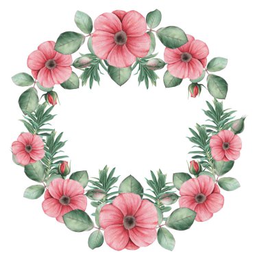 Çiçekler ve yapraklar, beyaz arka plan üzerinde izole suluboya büyüleyici kombinasyonu el boyalı, düğün, çerçeve, tırnak, desen, tebrik kartı, logo, Davetiyeler, yazı vb. için mükemmel