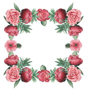 Çiçekler ve yapraklar, beyaz arka plan üzerinde izole suluboya büyüleyici kombinasyonu el boyalı, düğün, çerçeve, tırnak, desen, tebrik kartı, logo, Davetiyeler, yazı vb. için mükemmel