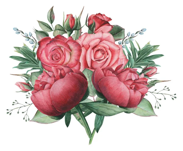 Çiçekler ve yapraklar, beyaz arka plan üzerinde izole suluboya büyüleyici kombinasyonu el boyalı