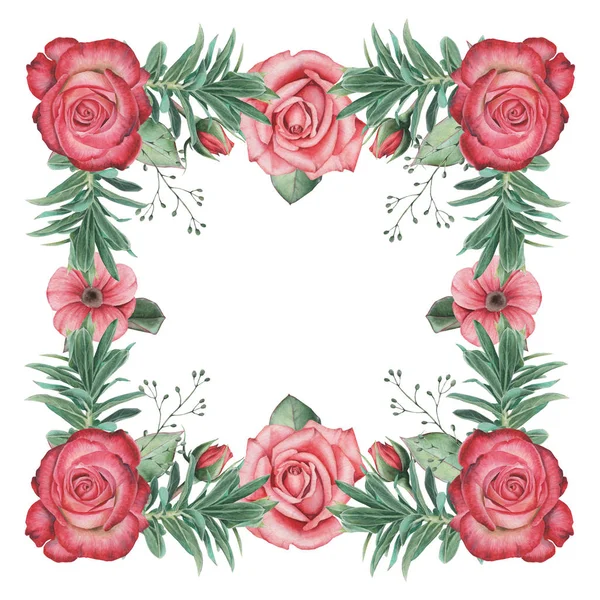 Çiçekler ve yapraklar, beyaz arka plan üzerinde izole suluboya büyüleyici kombinasyonu el boyalı, düğün, çerçeve, tırnak, desen, tebrik kartı, logo, Davetiyeler, yazı vb. için mükemmel