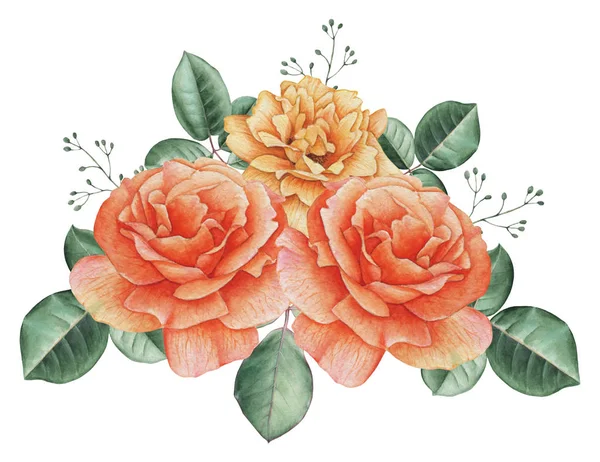 Çiçekler ve yapraklar, beyaz arka plan üzerinde izole suluboya büyüleyici kombinasyonu el boyalı