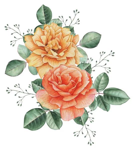 Çiçekler ve yapraklar, beyaz arka plan üzerinde izole suluboya büyüleyici kombinasyonu el boyalı