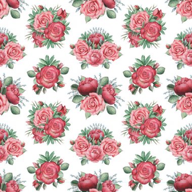 Çiçek ve yaprakları, beyaz arka plan üzerinde izole ile Seamless suluboya modeli