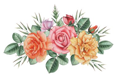 Çiçekler ve yapraklar, beyaz arka plan üzerinde izole suluboya büyüleyici kombinasyonu el boyalı