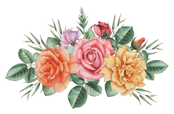 Çiçekler ve yapraklar, beyaz arka plan üzerinde izole suluboya büyüleyici kombinasyonu el boyalı