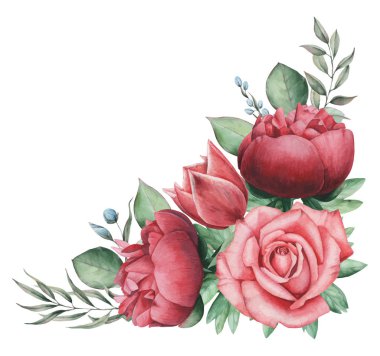 Vektör çizim çiçek ve yaprak, beyaz arka plan üzerinde izole suluboya büyüleyici kombinasyonu