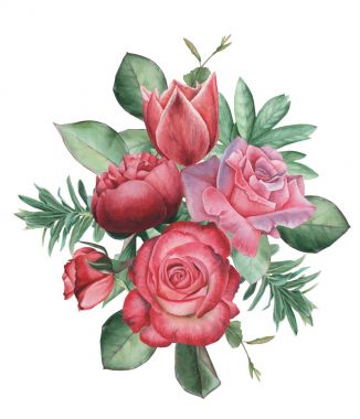 Vektör çizim çiçek ve yaprak, beyaz arka plan üzerinde izole suluboya büyüleyici kombinasyonu