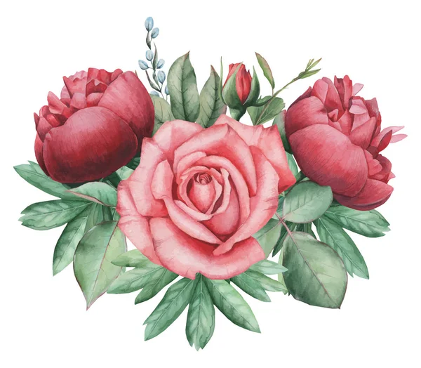 Vektör çizim çiçek ve yaprak, beyaz arka plan üzerinde izole suluboya büyüleyici kombinasyonu