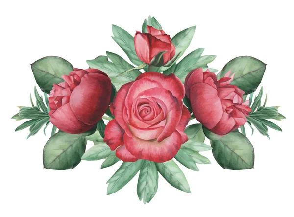 Ilustração vetorial de aquarela combinação encantadora de flores e folhas, isolado no fundo branco — Vetor de Stock