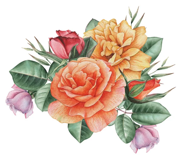 Çiçekler ve yapraklar, beyaz arka plan üzerinde izole suluboya büyüleyici kombinasyonu el boyalı