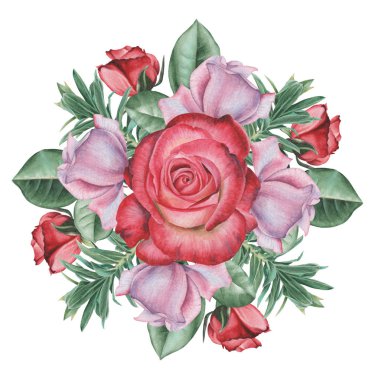 Çiçekler ve yapraklar, beyaz arka plan üzerinde izole suluboya büyüleyici kombinasyonu el boyalı