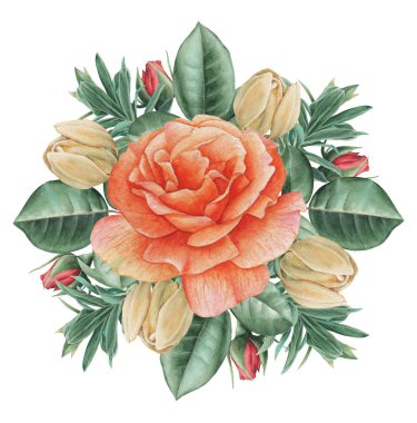 Çiçekler ve yapraklar, beyaz arka plan üzerinde izole suluboya büyüleyici kombinasyonu el boyalı