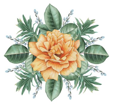 Çiçekler ve yapraklar, beyaz arka plan üzerinde izole suluboya büyüleyici kombinasyonu el boyalı