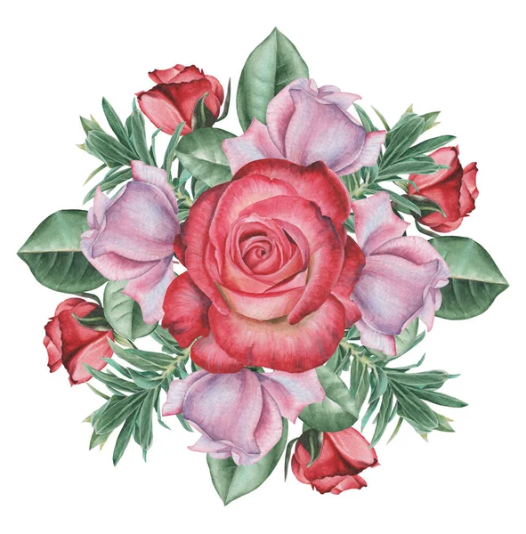 Çiçekler ve yapraklar, beyaz arka plan üzerinde izole suluboya büyüleyici kombinasyonu el boyalı