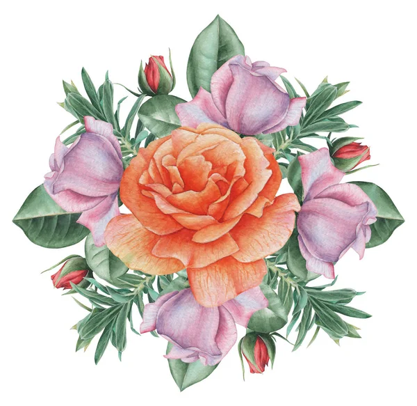 Çiçekler ve yapraklar, beyaz arka plan üzerinde izole suluboya büyüleyici kombinasyonu el boyalı