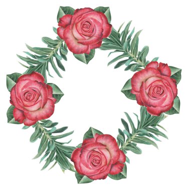 Suluboya çelenk çiçek ve yaprakları, beyaz arka plan üzerinde izole el boyalı