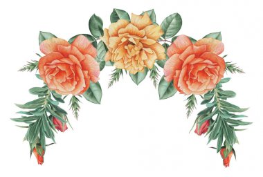 Çiçekler ve yapraklar, beyaz arka plan üzerinde izole suluboya büyüleyici kombinasyonu el boyalı