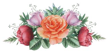 Çiçekler ve yapraklar, beyaz arka plan üzerinde izole suluboya büyüleyici kombinasyonu el boyalı