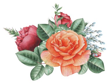 Çiçekler ve yapraklar, beyaz arka plan üzerinde izole suluboya büyüleyici kombinasyonu el boyalı