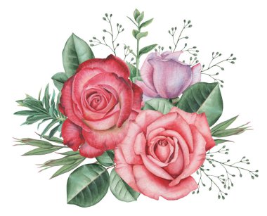 Çiçekler ve yapraklar, beyaz arka plan üzerinde izole suluboya büyüleyici kombinasyonu el boyalı