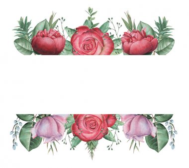 Çiçekler ve yapraklar, beyaz arka plan üzerinde izole suluboya büyüleyici kombinasyonu el boyalı, düğün, çerçeve, tırnak, desen, tebrik kartı, logo, Davetiyeler, yazı vb. için mükemmel