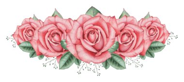 Çiçekler ve yapraklar, beyaz arka plan üzerinde izole suluboya büyüleyici kombinasyonu el boyalı