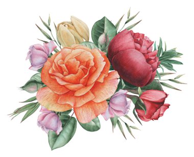 Çiçekler ve yapraklar, beyaz arka plan üzerinde izole suluboya büyüleyici kombinasyonu el boyalı