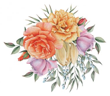 Çiçekler ve yapraklar, beyaz arka plan üzerinde izole suluboya büyüleyici kombinasyonu el boyalı